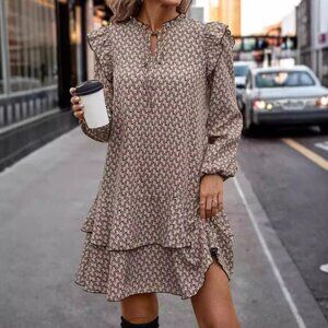 2/$40 Long Sleeve Ruffle Tiered Mini Dress Brown Printed Boho Chic Shift Dress L
